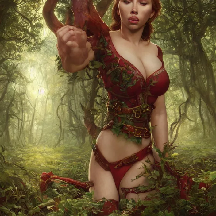 Prompt: intricate detailed portrait of Scarlet Johansson as a sensual elf on a beautiful forest meadow, temple ruins surrounded by lush forest, afternoon, art by Tyler Edlin, Artgerm and Greg Rutkowski and Alphonse Mucha and miro manara, atmospheric lighting, dynamic lighting, cgsociety, substance painter, 3dmodel
