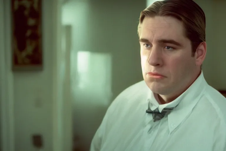 Image similar to cinematic still of chubby clean-shaven white man in film from 1995, XF IQ4, f/1.4, ISO 200, 1/160s, 8K, RAW, dramatic lighting, symmetrical balance, in-frame