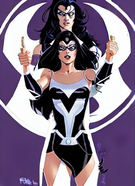 Prompt: Rafeal Albuquerque comic art, Joshua Middleton comic art, pretty female completely white skin black paint mark over left eye Phoebe Tonkin as Domino superhero X-MEN comics, black spot over left eye, fun smile, full body x-force outfit, long wavy black hair:: sunny weather::