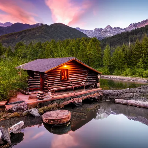 Prompt: DSLR still of a beautiful mountainside river with a pier and a log cabin at dusk, 4k