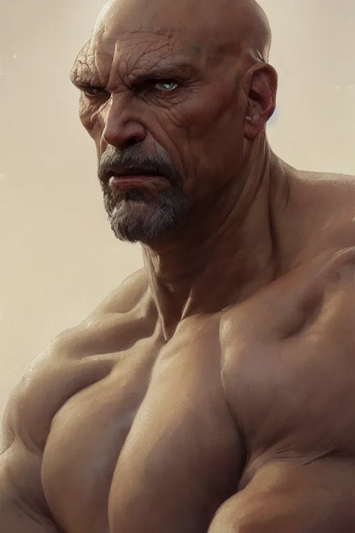Prompt: a highly detailed portrait painting of a goliath, muscular, bald, grey skin!!!!!!, by greg rutkowski and alphonse mucha, sharp focus, matte, concept art, artstation, digital painting