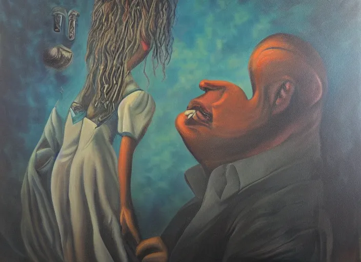 Prompt: a realistic surrealist oil painting that depicts the lyrics : your touch divides i see distance in in your eyes please sing me to sleep tonight