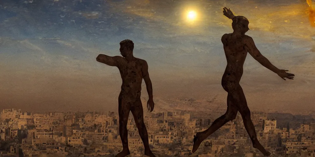 Image similar to double exposure, a solar eclipse in the sky above, the city of ancient babylon below in the distance, the city is on fire, full-body silhouette of a single observer in the foreground, the figure is an ancient Hellenistic athletic man in soft focus with hazy outlines, the scene is painted with thick impasto paint and chromatic aberration