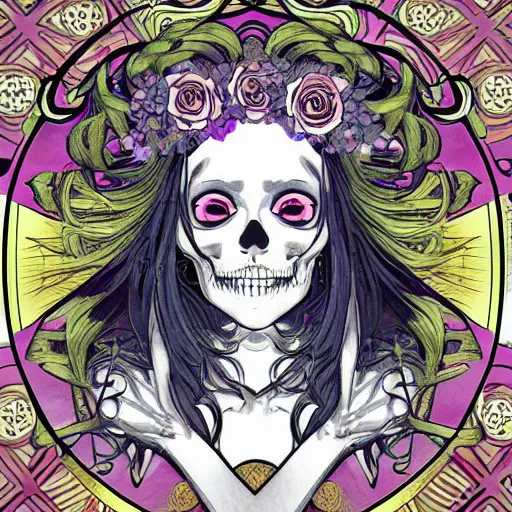 Image similar to anime manga skull portrait young woman hair floral crown fairytale comic jim lee skeleton illustration style by Alphonse Mucha warhol pop art nouveau