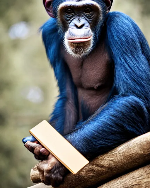 Image similar to gold, blue, photo of a chimpanzee solving a puzzle, blue hat, big cigarre in mouth, 8 k, 8 5 mm f 1. 8