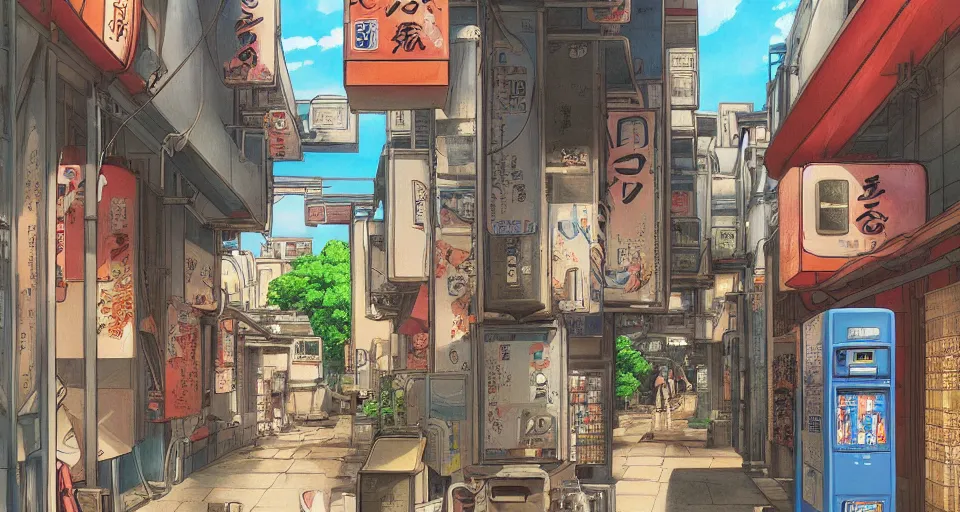 Prompt: beautiful anime painting of tokyo alleyway with vending machine, relaxing summer day, by Hayao Miyazaki. trending on Artstation, 8k, masterpiece, sharp, fine detail, full of color, visually stunning