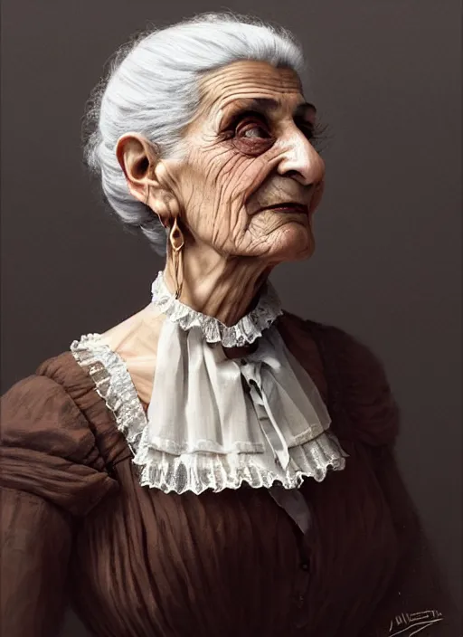 Image similar to a portrait of an old italian woman with a crooked nose in victorian clothing, confident pose, intricate, elegant, sharp focus, illustration, highly detailed, concept art, matte, trending on artstation, anime, art by james jean and artgerm and brian despain and alberto mielgo, greg rutkowski, wlop, ilya kuvshinov, strong strokes