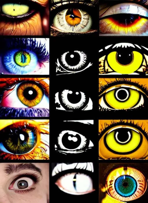 Image similar to grid montage of square shaped eyes, square shaped dilated pupils, square irises, detailed colored textures, eyelashes, advanced art, art styles mix, from wikipedia, wet reflections in eyes, sunshine light, hd macro photograph, from side, various eyelid positions, square black pupil centered