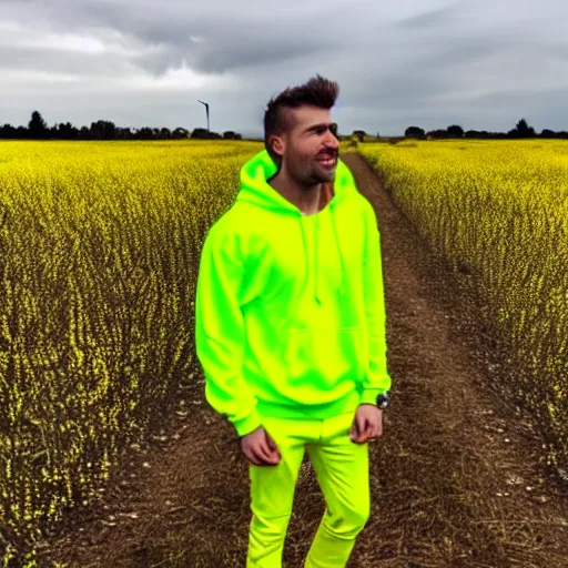 Prompt: a man standing in a yellow field wearing a neon green hoodie