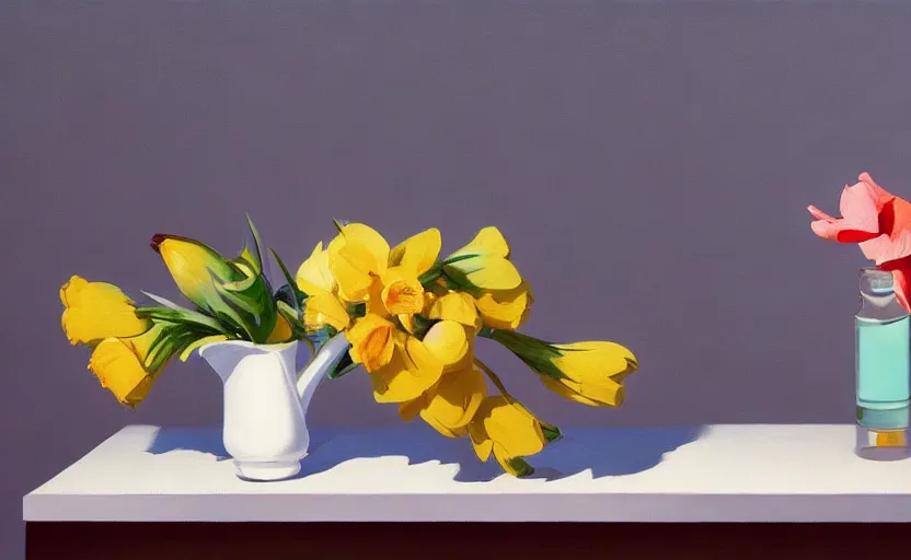 Image similar to beautiful still life featuring blooming flowers and a hand gun, very coherent, painted by Edward Hopper, painted by James Gilleard, airbrush, art by JamesJean