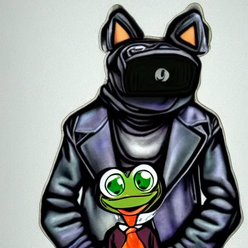 Image similar to pepe the frog head from 4chan on the body of a cartoon dog wearing a leather jacket and jeans