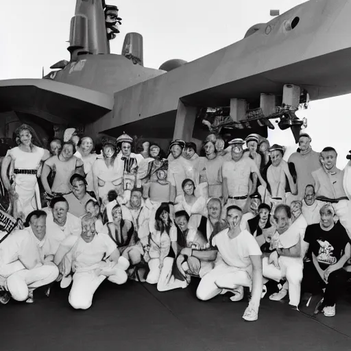 Prompt: party on the deck of the U.S.S. Enterprise, group photo