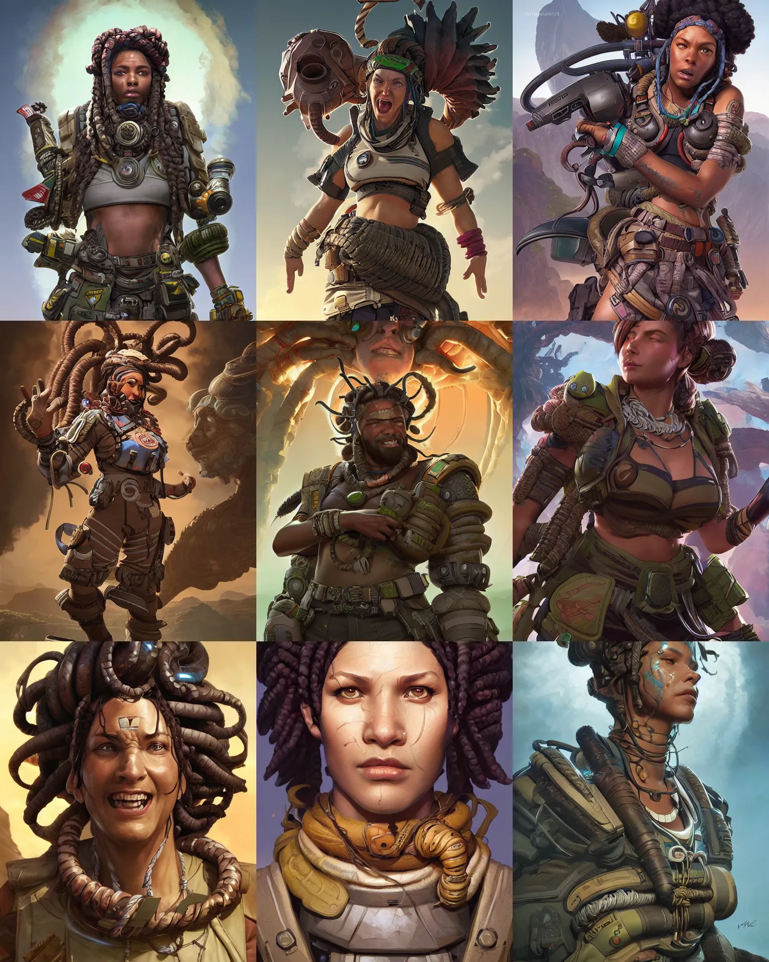 Prompt: Gorgon Manic as an Apex Legends character digital illustration portrait design by, Mark Brooks and Brad Kunkle detailed, gorgeous lighting, wide angle action dynamic portrait