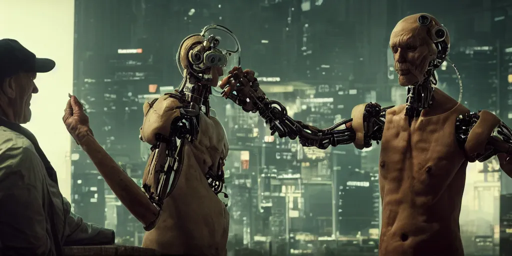 Image similar to cyberpunk buff old man fighting Deadcode humanoid robot Emmanuel Lubezki