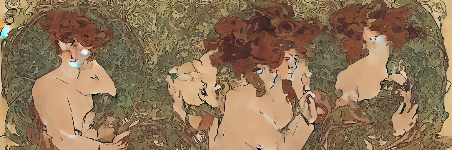 Prompt: Colab between alphonse mucha and Rene Magritte