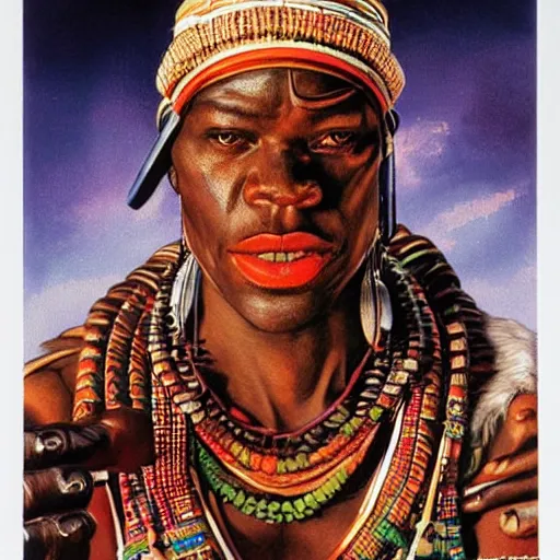 Image similar to an african tribal chief, art by drew struzan & joseph christian leyendecker, retro futuristic