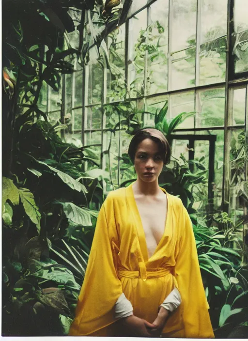 Image similar to grainy head to shoulder portrait Polaroid film photograph of an elegant top model wearing a yellow kimono in a tropical greenhouse. looking at the camera!!. super resolution. Extremely detailed. Polaroid 600 film. art by Rineke Dijkstraand Annie Leibovitz.