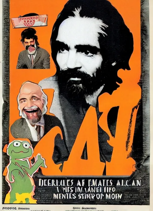 Prompt: vintage magazine advertisement depicting charles manson hosting the muppet show