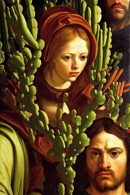 Image similar to renaissance painting of evil men, portrait, face closeup, emotions closeup, dressed in spartan armour, the beautiful garden with cactus everywhere, ultra detailed, art by guido reni style, vincenzo catena style