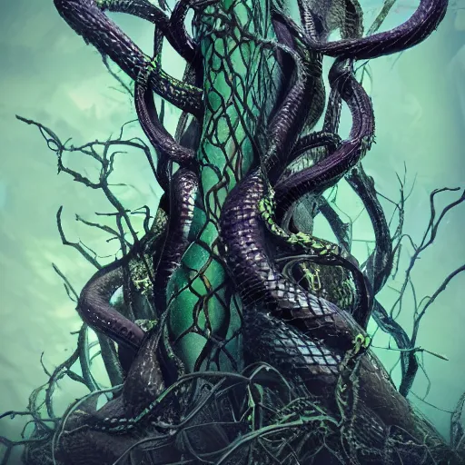 Image similar to dark queen of snakes, crown of snakes, blue skin, realism, dark fantasy, surrounded by thorned vines in a twisted forest, octane render, artstation