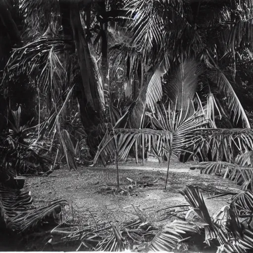 Image similar to lost film footage of a sacred indigenous artifact in the middle of the ( ( ( ( ( ( ( ( ( ( tropical jungle ) ) ) ) ) ) ) ) ) ) / ethnographic object / film still / cinematic / enhanced / 1 9 0 0 s / black and white / grain