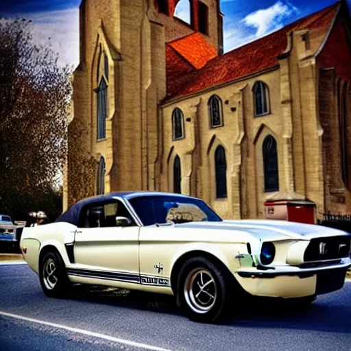 Prompt: Ford Mustang in front of a church in the 30\'s.