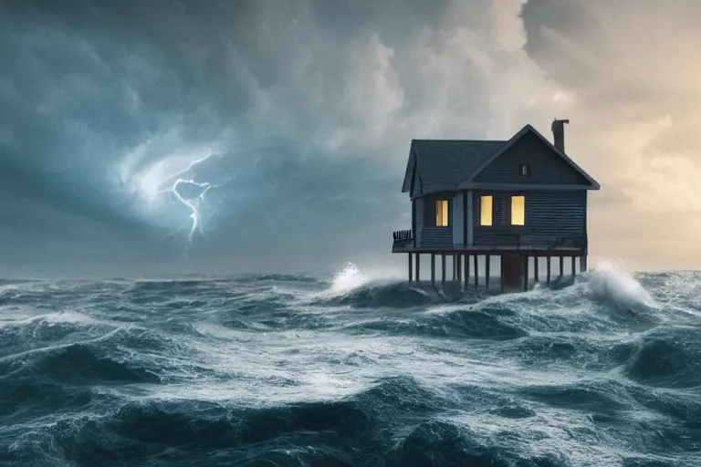 Prompt: a lonely house in the middle of the sea, the waves crashing, an electric storm. soft light, hyper realistic, dramatic, 4 k.