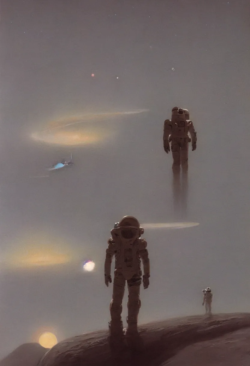 Prompt: an epic portrait of a futuristic solitary astronaut walking along the muted orange icy surface of Titan, Saturn is visible through the haze, reflective visor, unreal 5, DAZ, detailed, soft focus, brilliant, 4k, 8k, HD, trending on artstation, art by Rick Guidice painting by Robert McCall by John Harris, abstract
