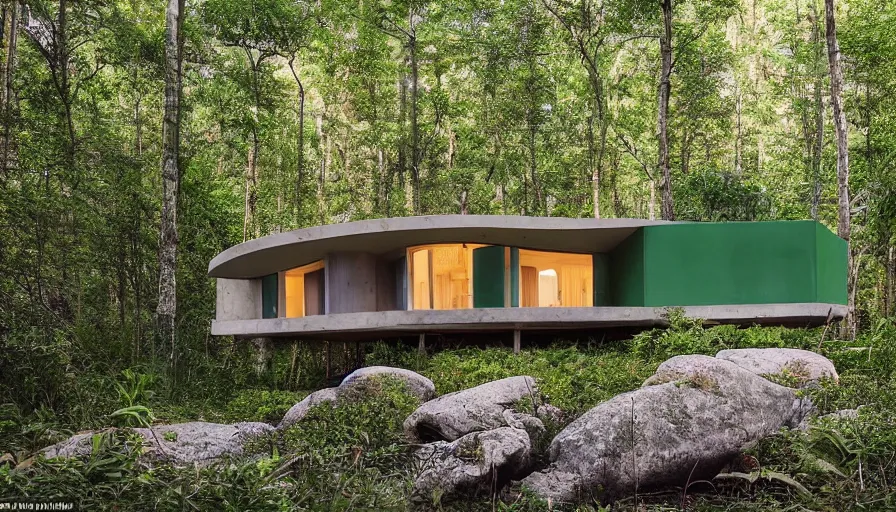 Image similar to A wide image of a full innovative contemporary 3D printed prefab sea ranch style cabin with rounded corners and angles, beveled edges, made of cement and concrete, organic architecture, in a lush green forest Designed by Gucci, Balenciaga, and Wes Anderson, golden hour