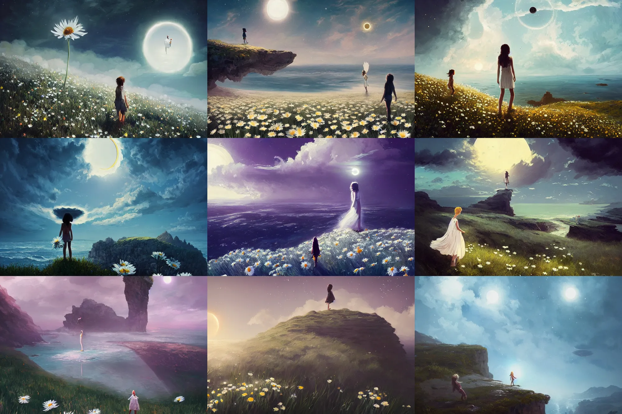 Prompt: giant white daisies flowers blooming over head, girl standing on cliff, surreal photography, solar eclipse, milky way, dramatic light, impressionist painting, clouds, digital painting, artstation, james gilleard, liam wong, jeremy mann, simon stalenhag