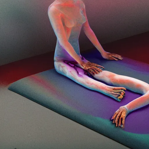 Prompt: iridiscent oil spill with women corpses connected by cables and computers to wax forms to a buried baby relaxing on yoga mat, faded, purple and red gradient, dust, purple fog, depth of field, by nadav kander, edward burtynsky and hans bellmer, 8 k, ultrarealistic, sad atmosphere, cinematic, 8 5 mm lens