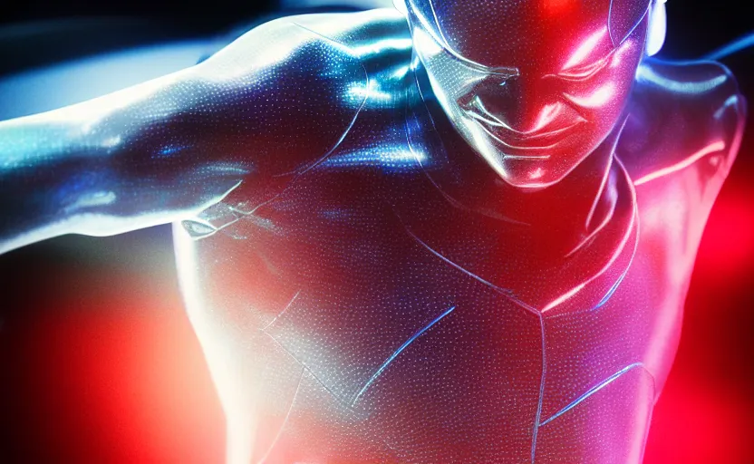 Image similar to silver surfer by bill sienkiewicz, unintentional mystique, macro up view metallic, tron, close up bokeh hiperrealistic neon glow darkness dramatic neon, sharp focus, octane render, imax