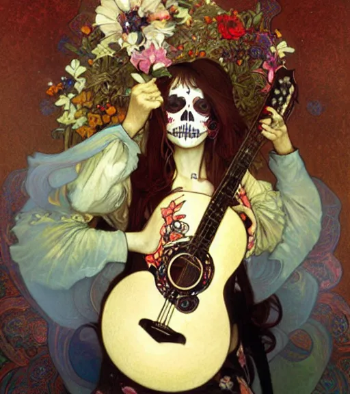 Image similar to realistic detailed painting of a cute Día de los Muertos girl playing guitar by Alphonse Mucha Ayami Kojima Amano Charlie Bowater, masterpiece