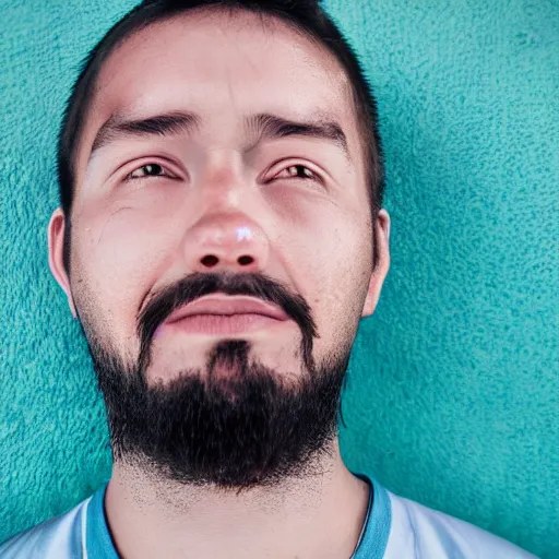 Image similar to fish eye lens close up photograph of a man with blue skin and a goatee side eyeing the camera with a sympathetic look