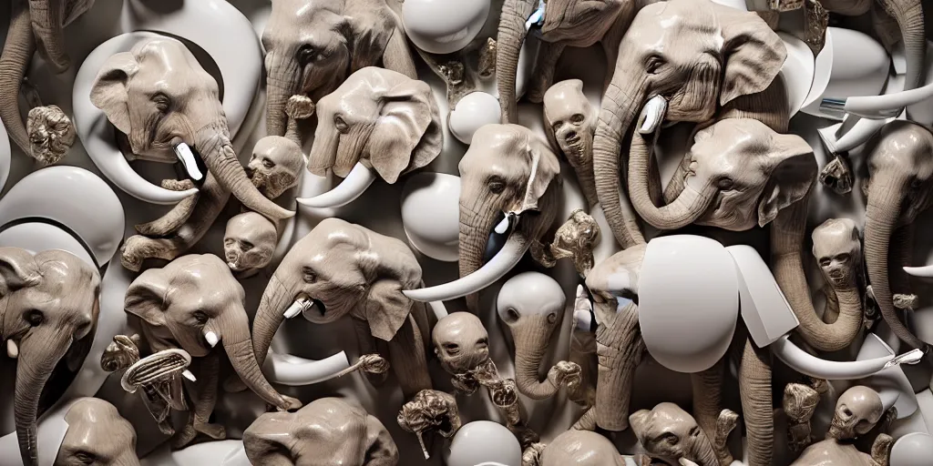 Prompt: Hundreds of Elephant heads in orbit around the earth, soft lighting, chrome and viscera and bone, composition, Cronenberg automata, Marsden, ito, Ryden, sci-fi, Koons, Dieter Rams,