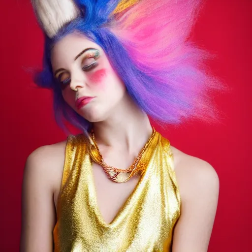 Image similar to a dramatic photo of a beautiful young woman with cotton candy hair. with a little bit of gold and red