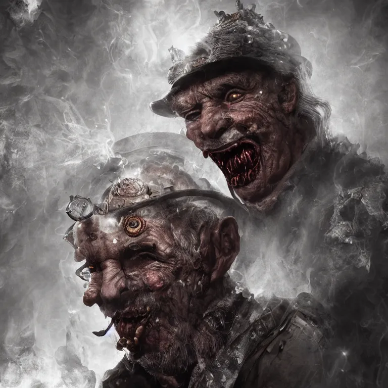 Image similar to a portrait of a steampunk elderly man as a demon on hell, dark, foggy, eerie, splash, sparkle, smoke, particles, octane render, unreal engine, artstation, digital art.