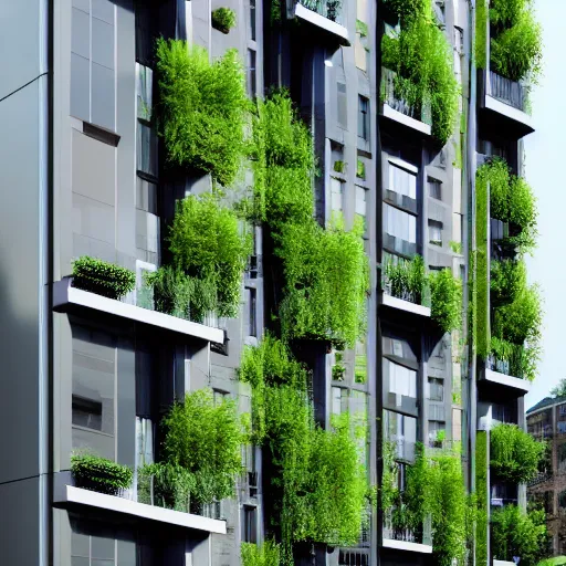 Image similar to apartment building with private patios facing away from each other, futuristic, verdant, in the style of mobius