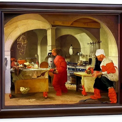 Image similar to Dramatic renaissance scene of cooking in the kitchen, maximalism, by Greg Rutkowksi and Ilya Repin