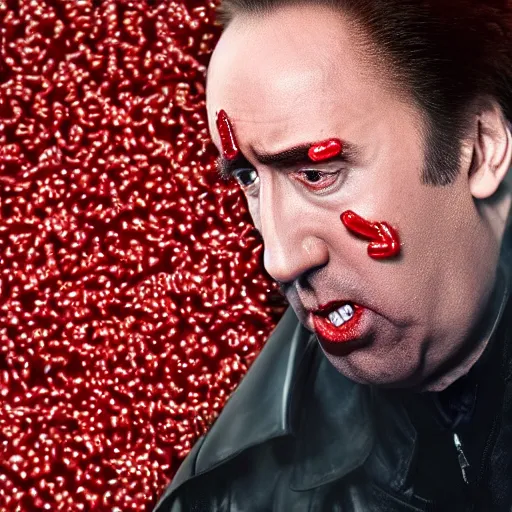 Image similar to nic cage screaming while covered from head to toe in red bees, award winning portrait