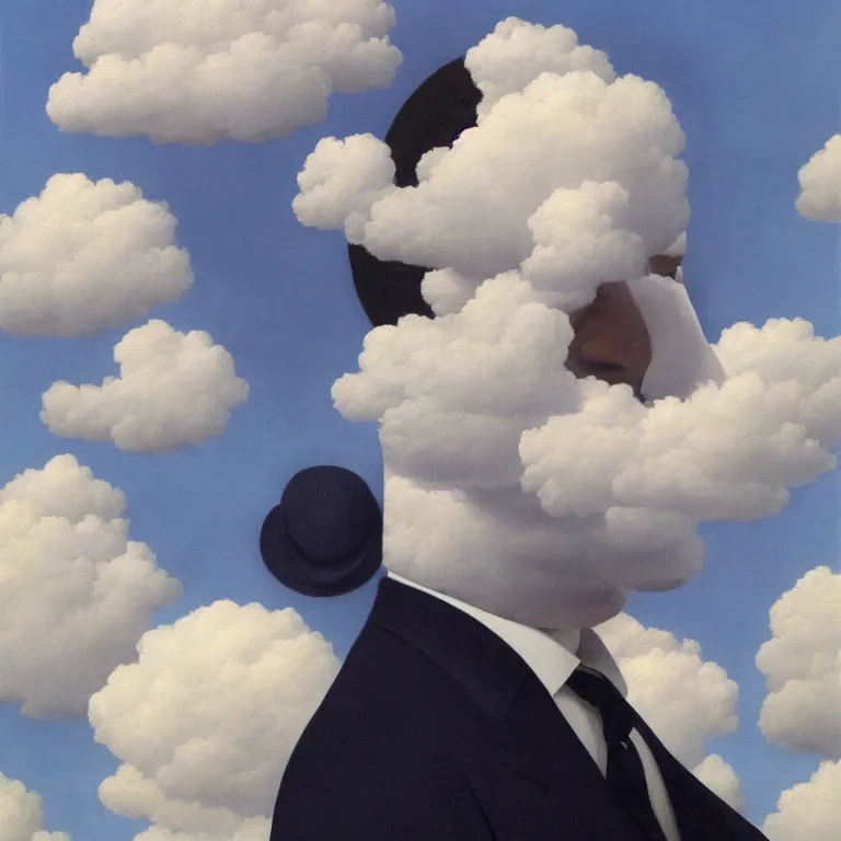 Prompt: portrait of a man made out of clouds in a suit, face hidden by clouds, by rene magritte, detailed painting, hd, hq, high resolution, high detail, 4 k, 8 k