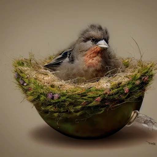 Prompt: long shot of a very fluffy sparrow chick nesting in a floral cup, esao andrews, by m. w. kaluta, humorous illustration, hyperrealistic, tilt shift, warm colors, night scenery, low light, 3 d octane render, 4 k, volumetric lights, smooth, cosy atmosphere, conceptart, hyperdetailed, trending on deviantart