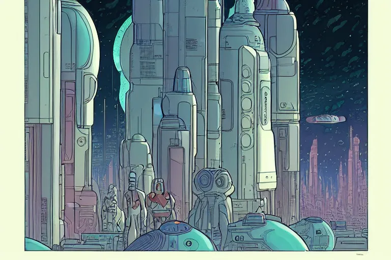 Image similar to a scifi illustration, Night City on Coruscant. flat colors, limited palette, heavy line work moebius in FANTASTIC PLANET La planète sauvage animation by René Laloux