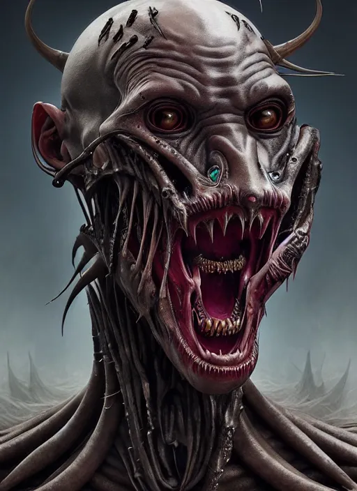 Image similar to ultra realistic, male human predator alien hybrid, fangs, goth, tattoos, leather, fantasy, flesh, bone, body horror, intricate details, eerie, highly detailed, octane render, 8 k, art by artgerm and alphonse mucha and greg rutkowski