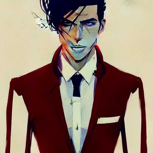 Image similar to a ultradetailed portrait painting of a stylish man wearing suit outfit, by conrad roset, greg rutkowski and makoto shinkai trending on artstation