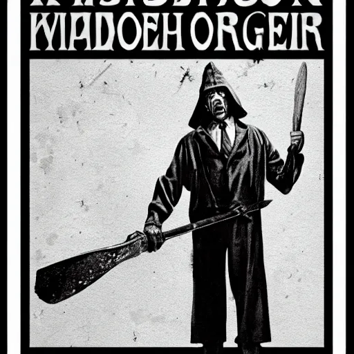 Prompt: classic horror movie poster of an executioner holding a big axe