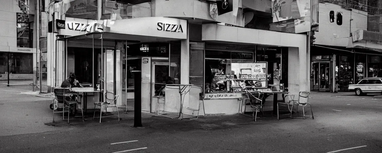 Image similar to a sentient slice of pizza waiting at a bus stop, canon 5 0 mm, cinematic lighting, photography, retro, film, kodachrome