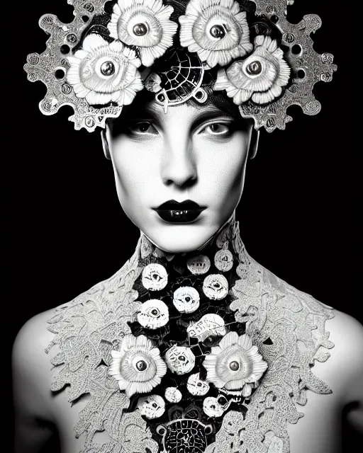 Image similar to black and white masterpiece profile portrait painting, dutch masters, silver lace floral steampunk biomechanical beautiful one techno eye young female cyborg, big monocular, volumetric light, leaves foliage and stems, hibiscus flowers, by cecile beaton, rim light, big gothic fashion pearl embroidered collar, 8 k