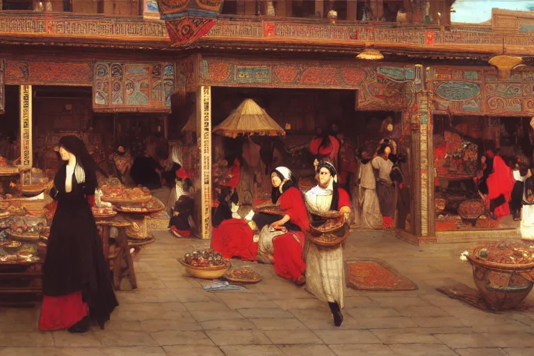 Prompt: orientalist paintingof a busy marketplace. In the center is a woman with thick black bangs and curly hair wearing a red dress selling tapestries intricate artwork by Fabio Fabbi and john william waterhouse and Edwin Longsden Long and Nasreddine Dinet and Theodore Ralli trending on artstation, very coherent symmetrical artwork high detail 8k