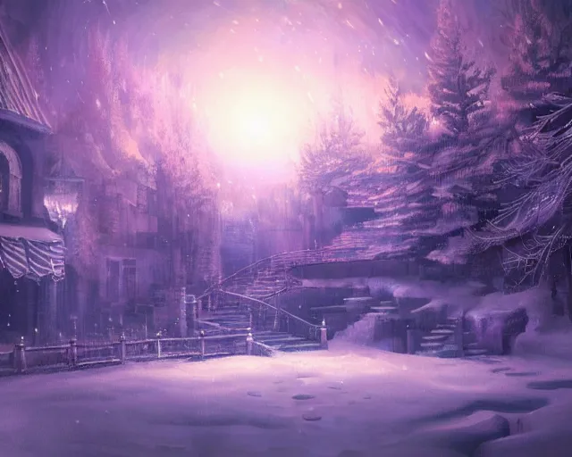 Image similar to scenery artwork, scene beautiful, light!! light essential cozy winter snow world snow and night, surrealism oil on canvas, artstation!! pixiv!! dream scenery, quality astral projection render, nier automata concept art, vaporwave textures